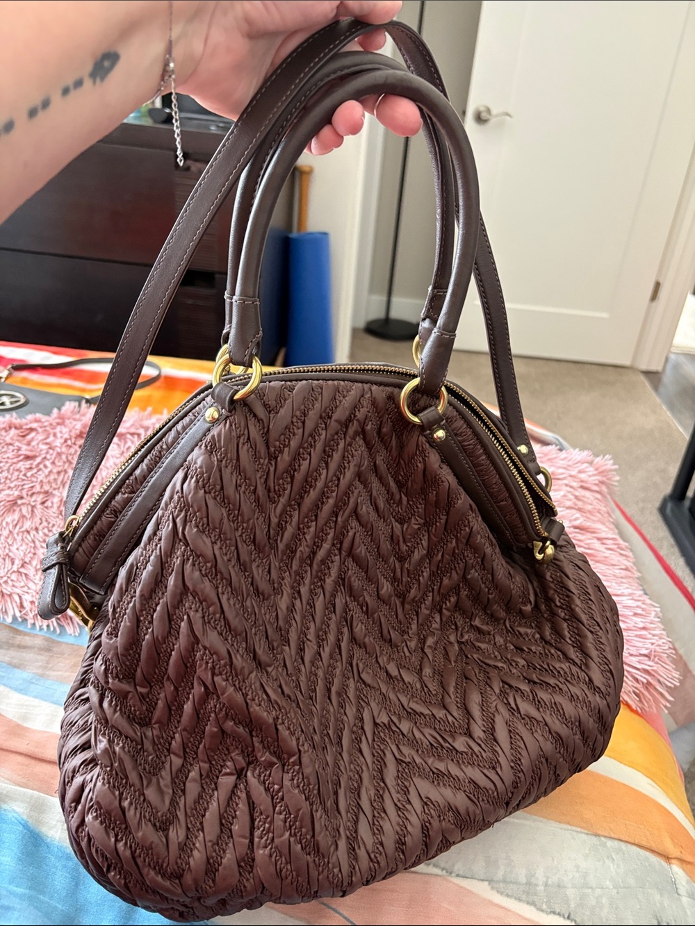 EUC. COACH Brown Quilted Ruched Leather Satchel with Gold-Tone Hardware - Picture 5 of 7